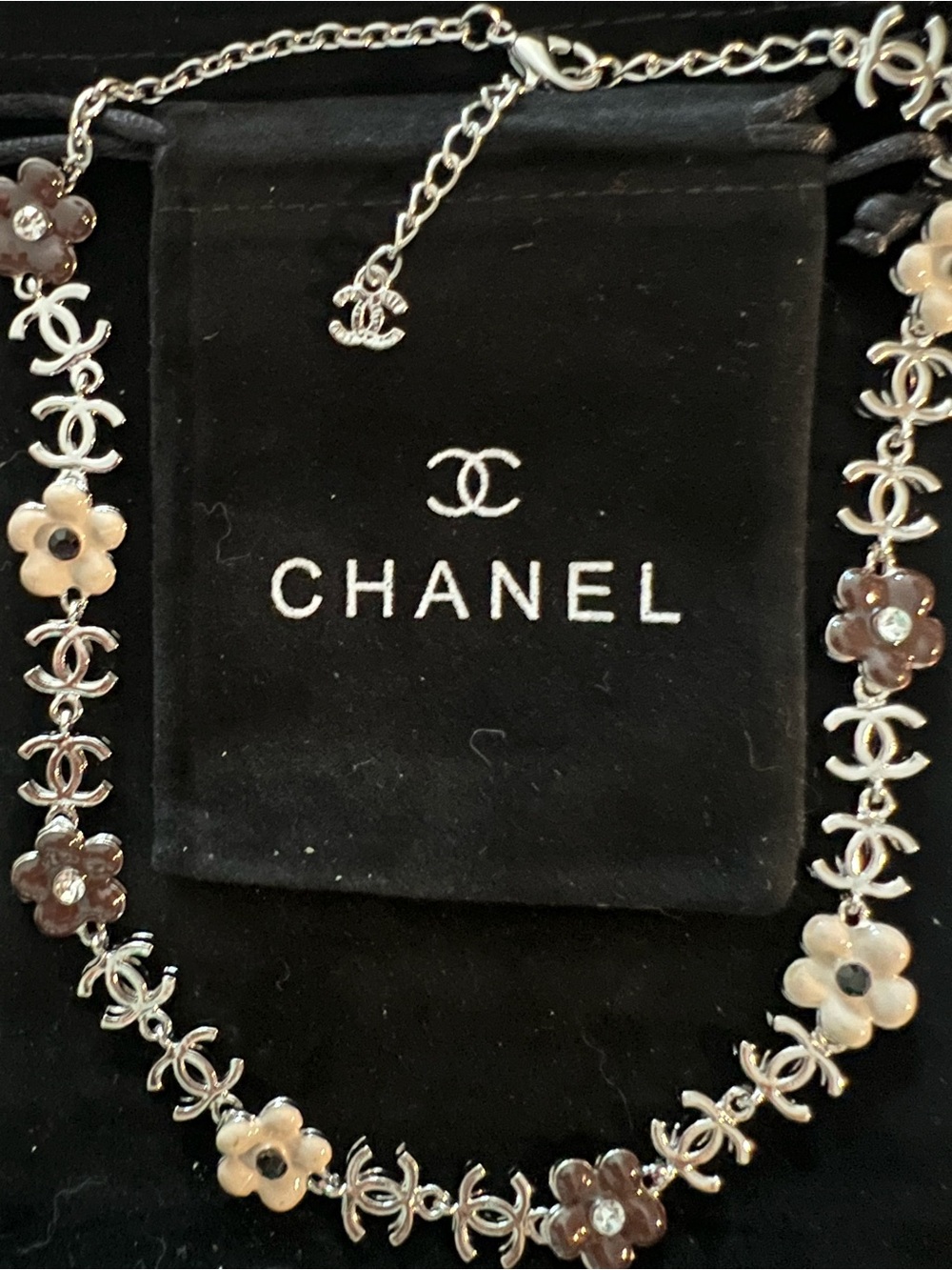 CHANEL Silver-Tone CC Link Necklace with Brown & Cream Floral Accents